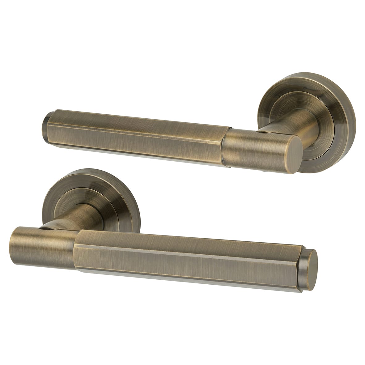 Antique Brass Hexagonal Bathroom Lock Door Handles on Rose Pack - Juno Range - view 2