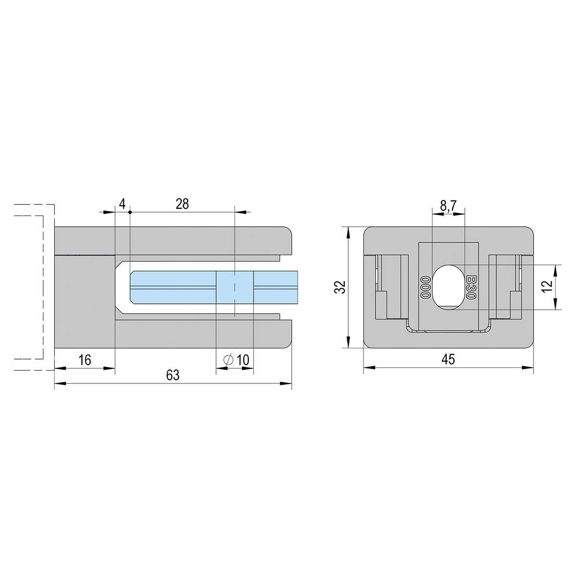 D Shaped Balustrade Clamps & Inserts - 10mm Glass - 63mm x 45mm - Stainless Effect - Pack of 4 - view 4