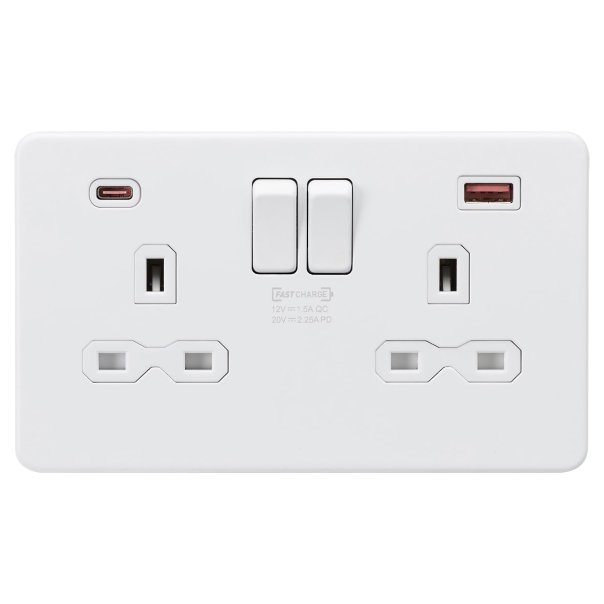 13A 2 Gang Type A/QC18W Type C/PD45W USB Socket with 2 x USB - Matt White/White - view 2