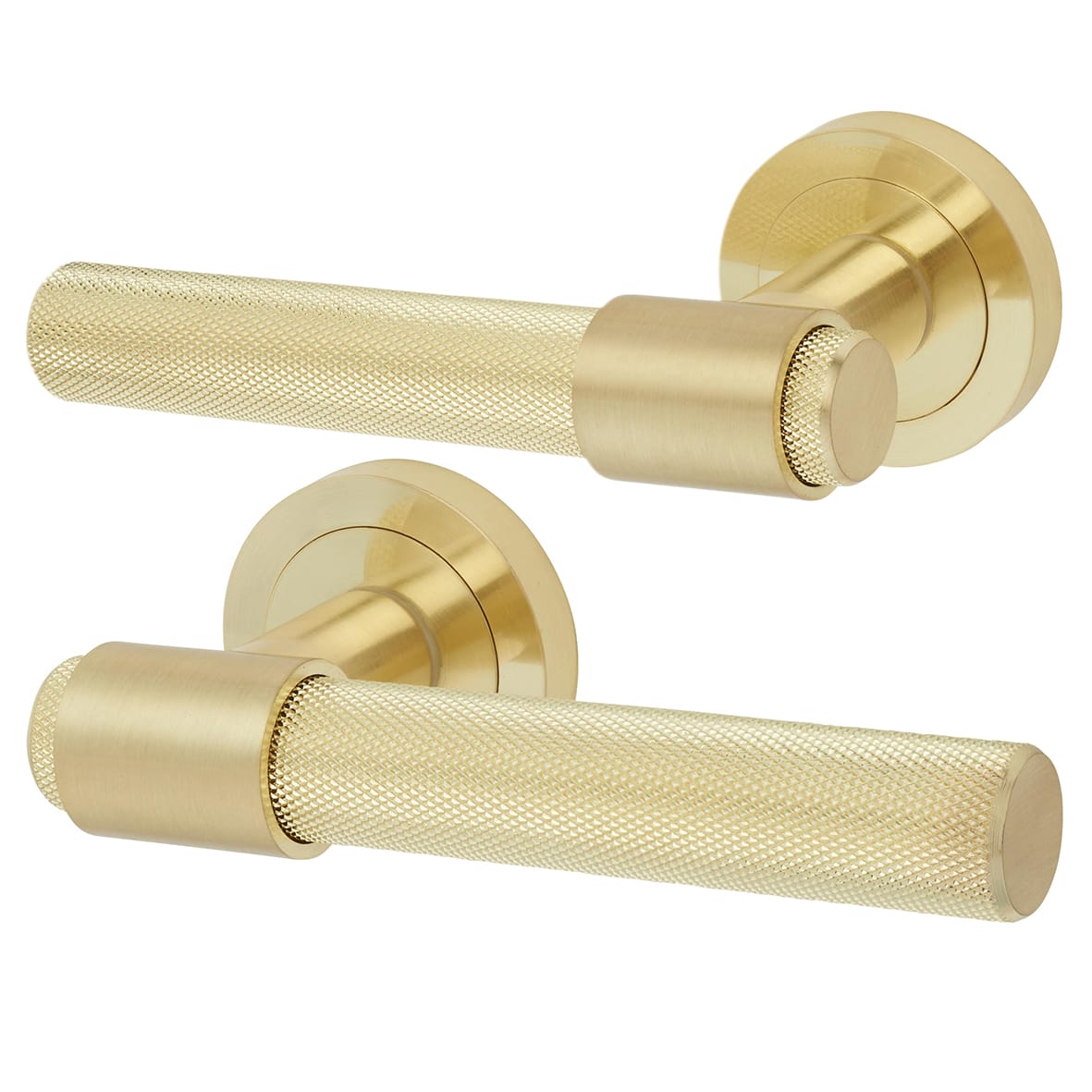 Satin Brass Knurled Bathroom Deadbolt Lock Door Handles on Rose Pack - Esme Range - view 2