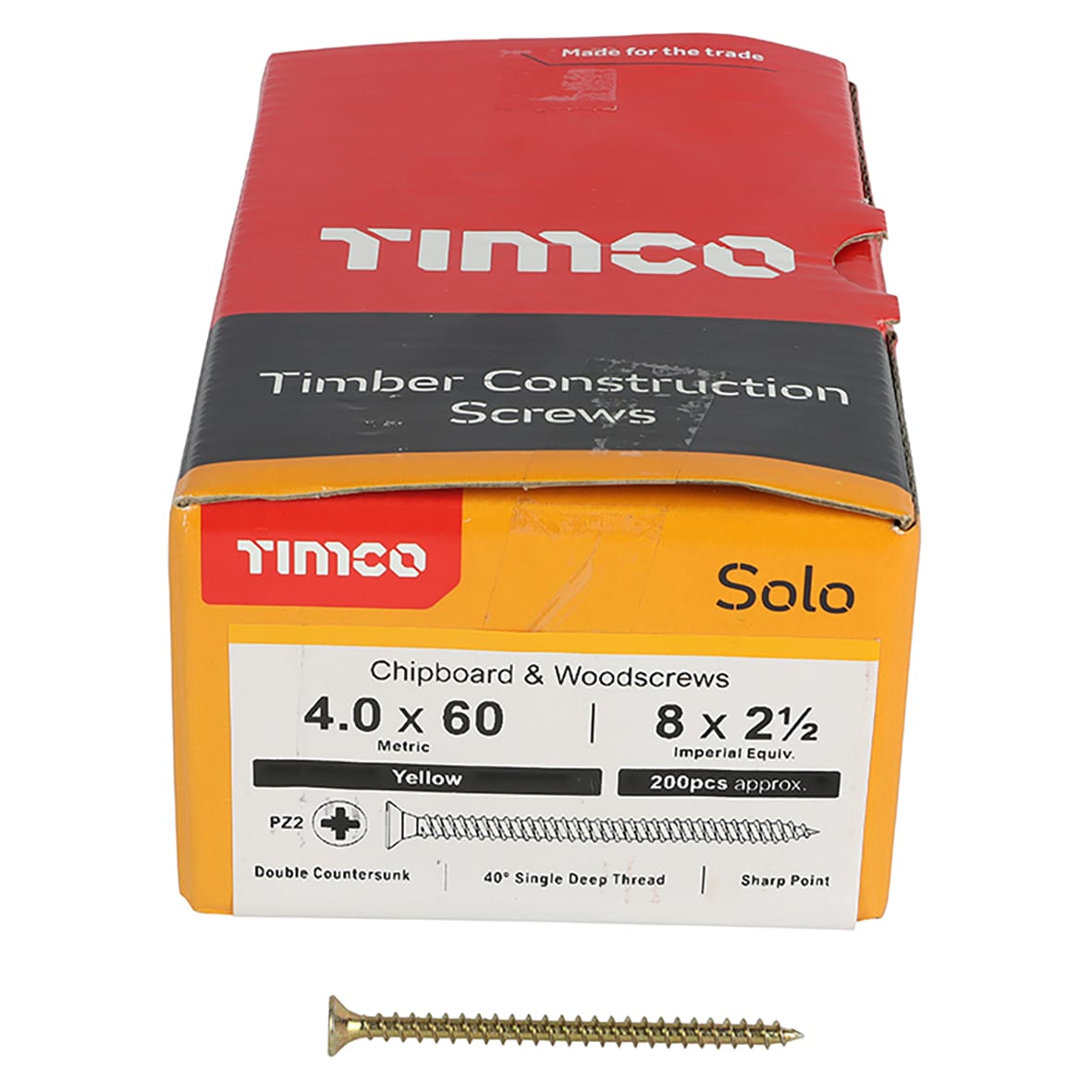 Solo Chippy Pozi Countersunk Wood Screws - 4.0 x 60mm - Yellow Zinc - Pack of 200 - view 2