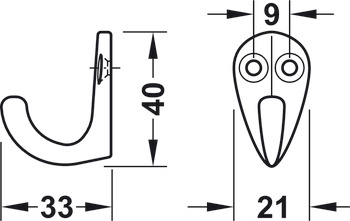 Coat Hook Sgl 2H 21x33x40x9mm Aluminium Polished - view 4