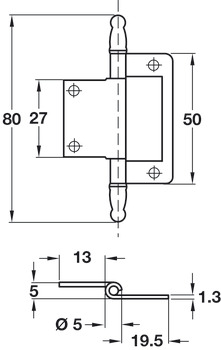 Finial Flush Hinge 50x36x1mm Steel/Zinc Alloy FB x2 - view 2