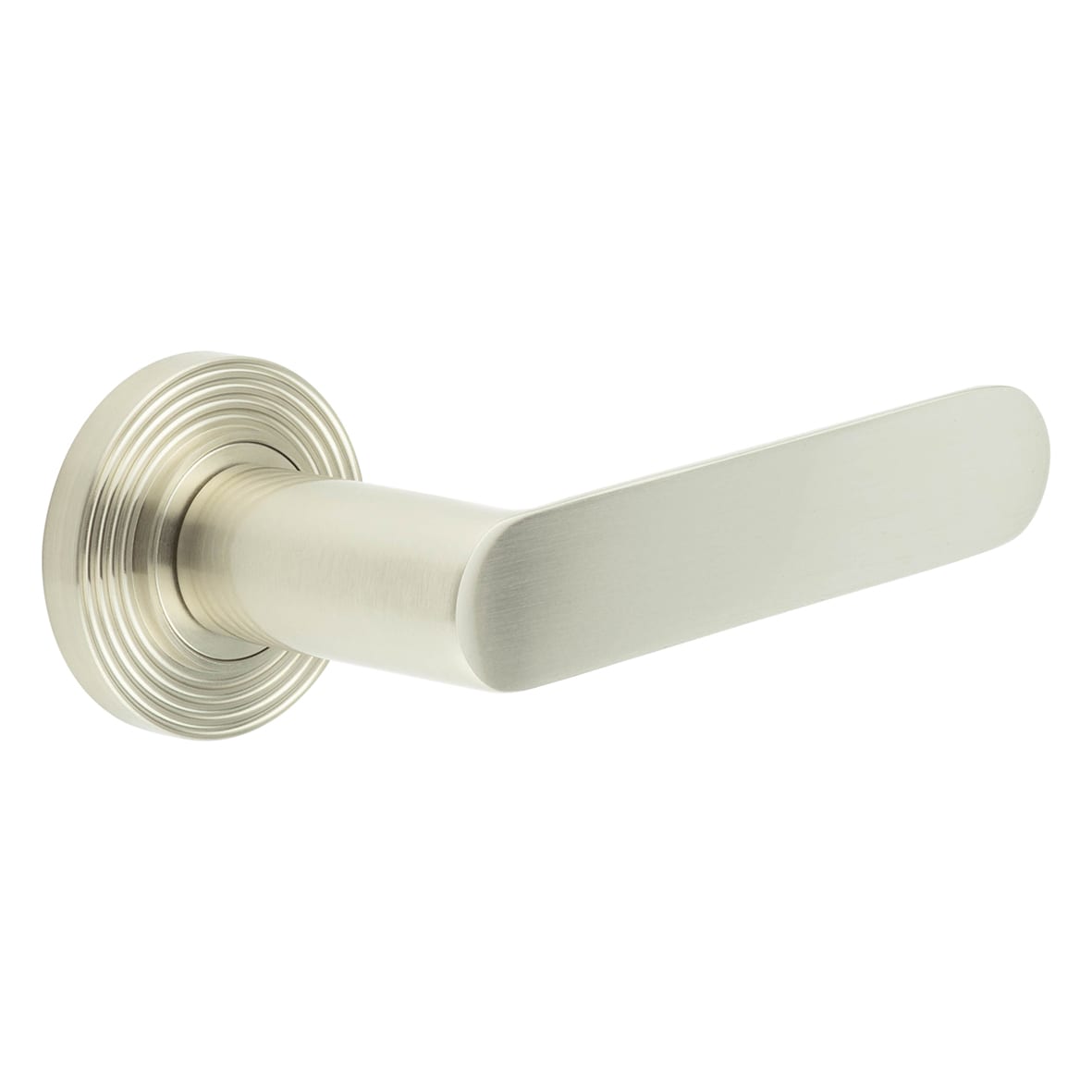 Satin Nickel Fire Rated Door Handles on Round Reeded Rose - Kensington Range