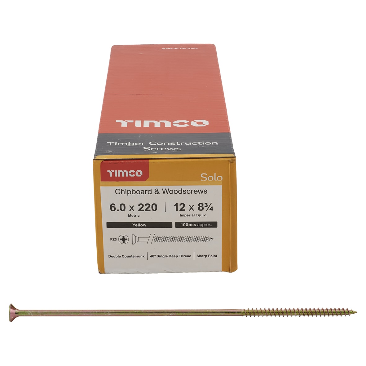 Solo Chippy Pozi Countersunk Wood Screws - 6.0 x 220mm - Yellow Zinc - Pack of 100