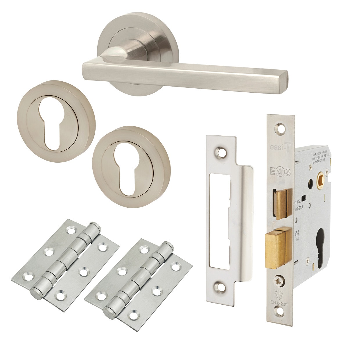 Satin Nickel Euro Lock Door Handles on Rose Pack - Lexi Range