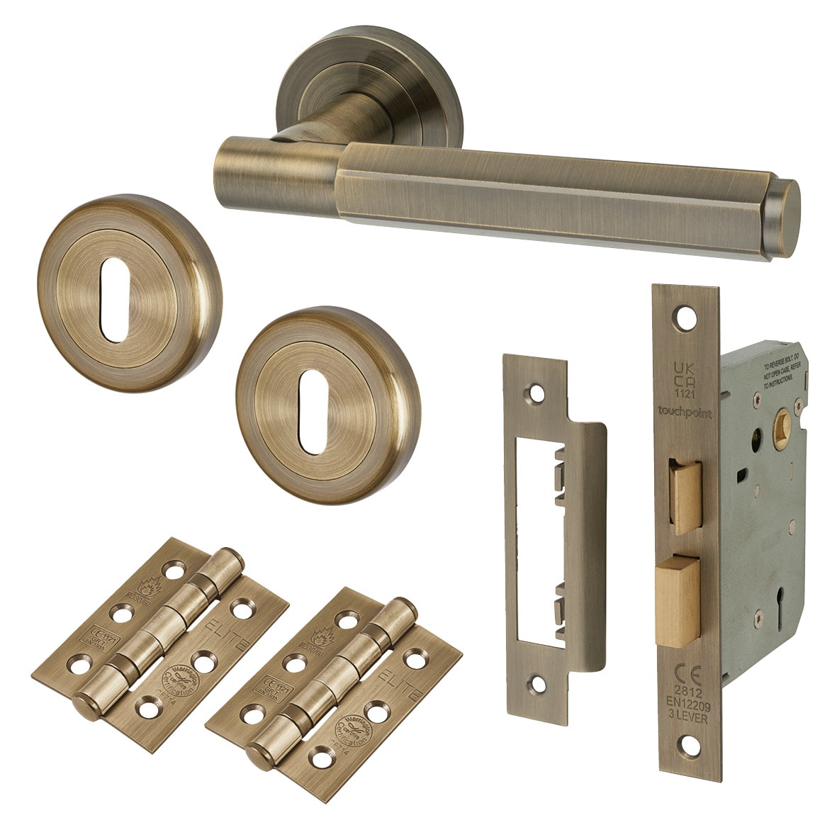 Antique Brass Hexagonal 3 Lever Sashlock Door Handles on Rose Pack - Juno Range