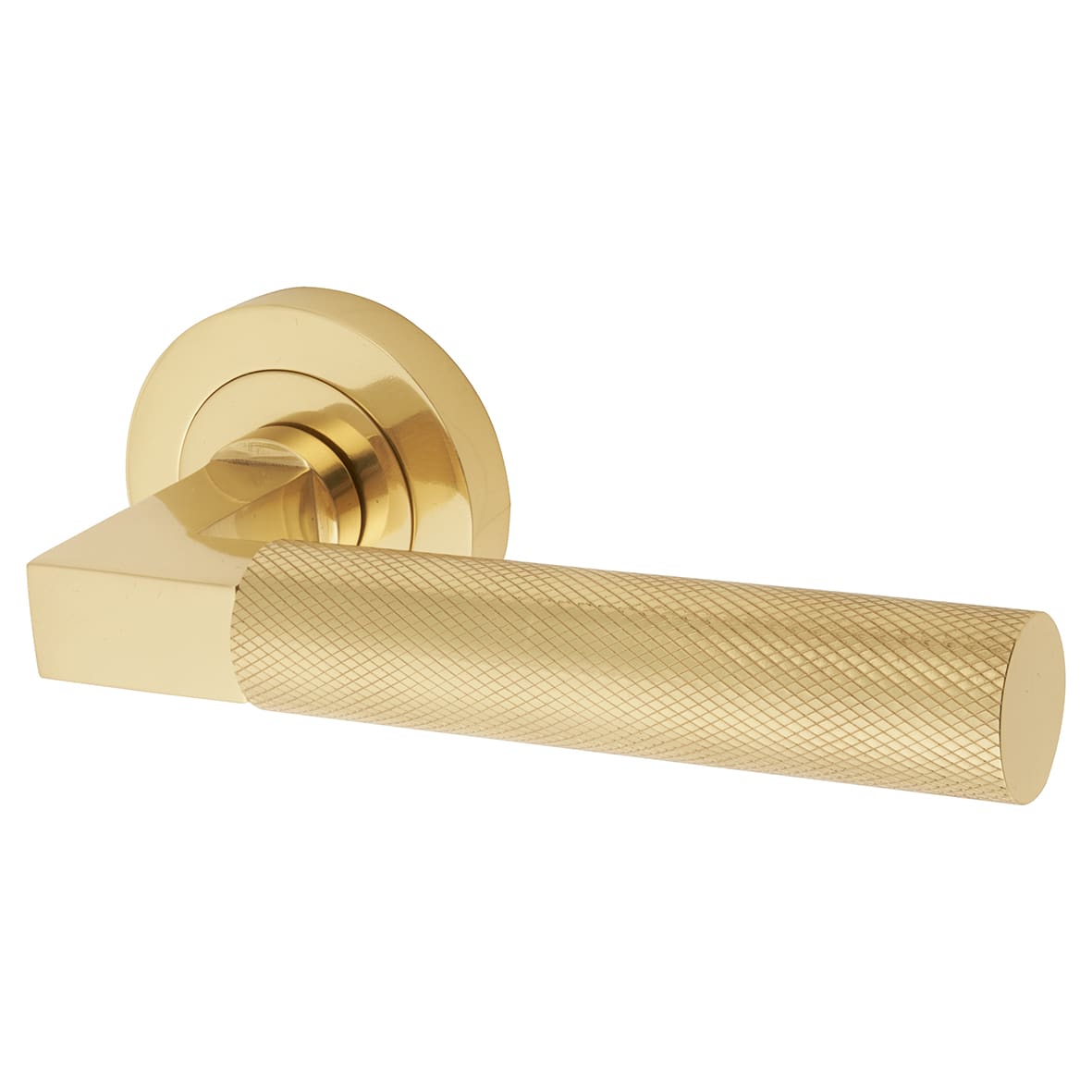 Polished Brass Knurled Door Handles on Round Rose