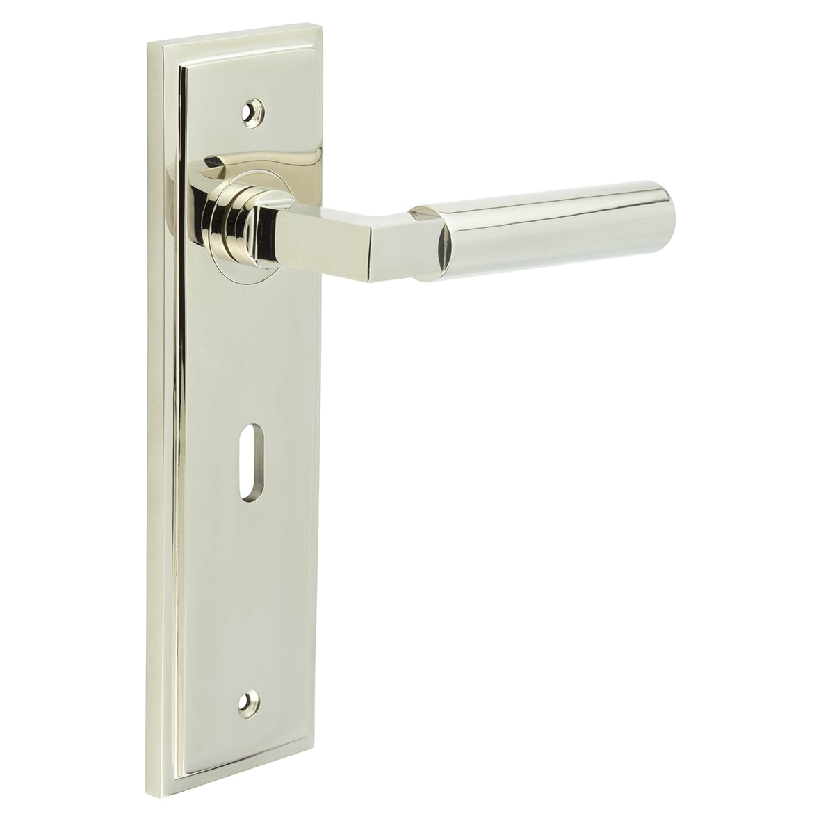 Polished Nickel Fire Rated Keyhole Lock Door Handles - Westminster - 200 x 55mm