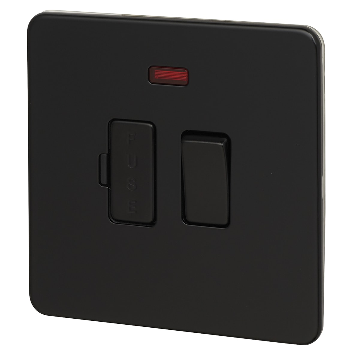 13A 1 Gang Screwless Flat Plate Switched Fused Spur with Neon - Matt Black