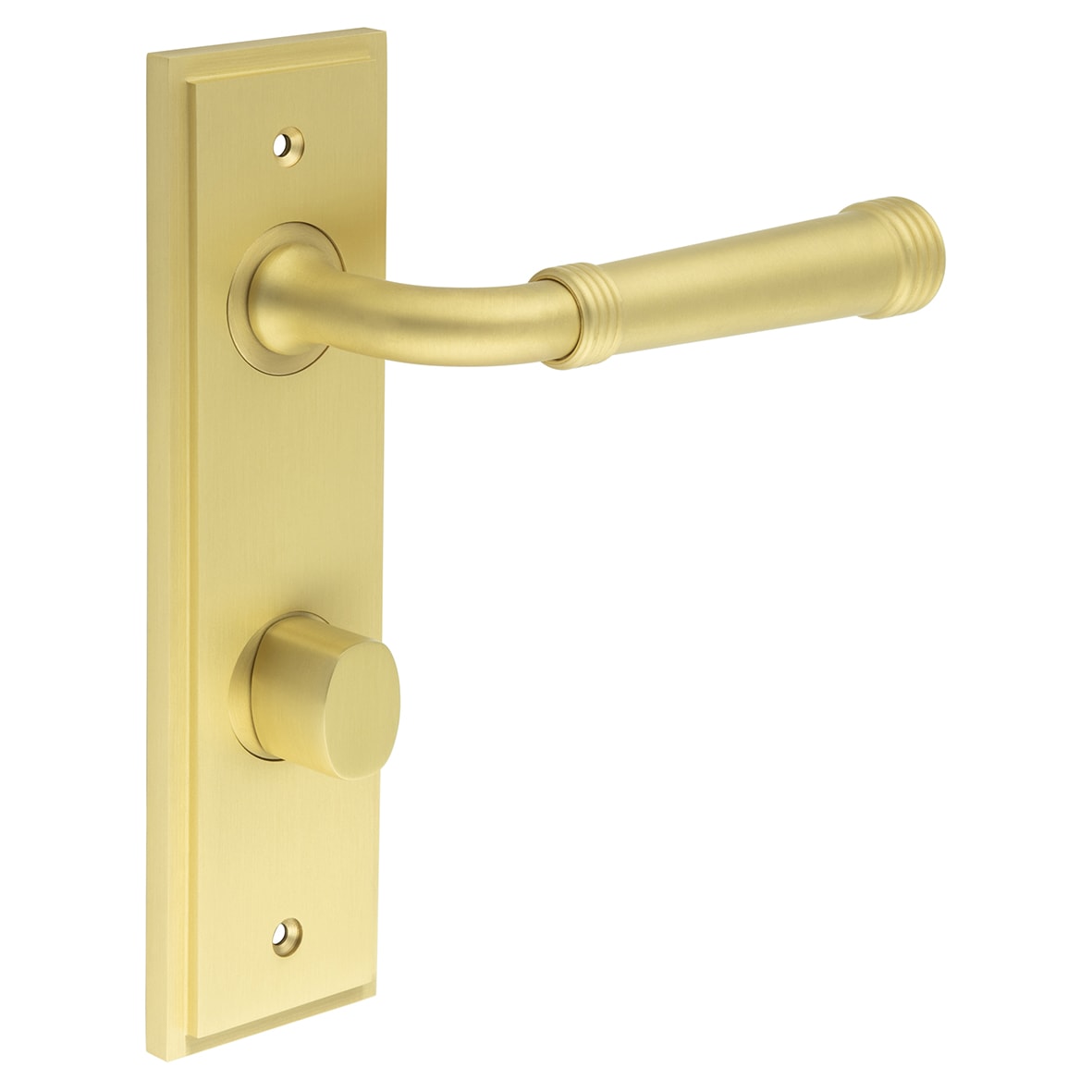 Satin Brass Fire Rated DIN Bathroom Door Handles - Highgate - Inner 2 - 200 x 55mm