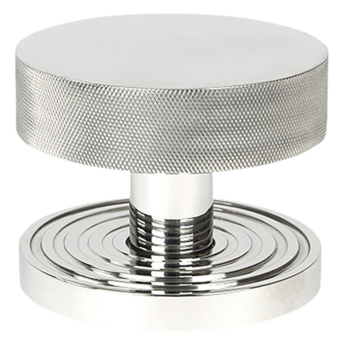 Brompton Polished Stainless Round Knurled Centre Door Knob on Beehive Rose - 90mm Rose Diameter