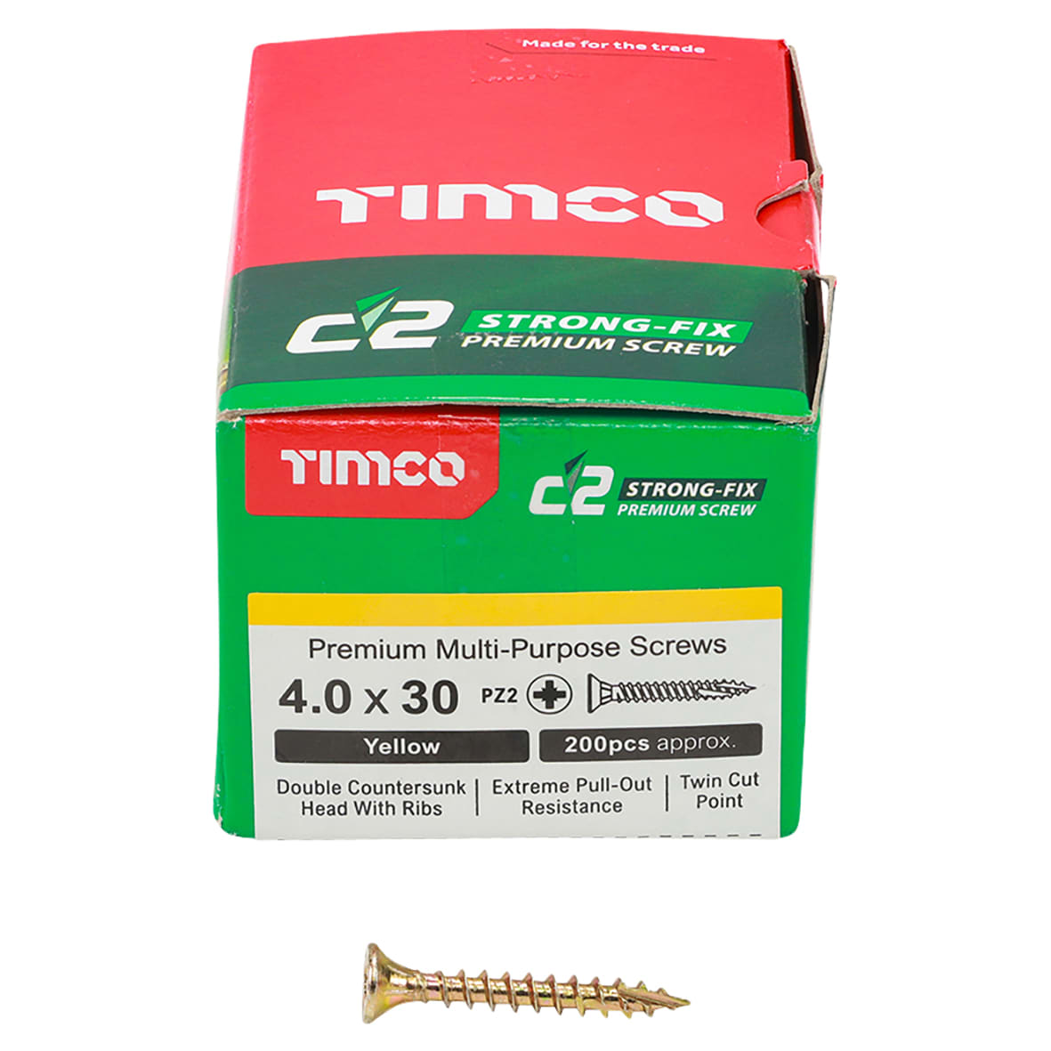 C2 Strong-Fix Pozi Double Countersunk Wood Screws - 4.0 x 30mm - Yellow Zinc - Pack of 200
