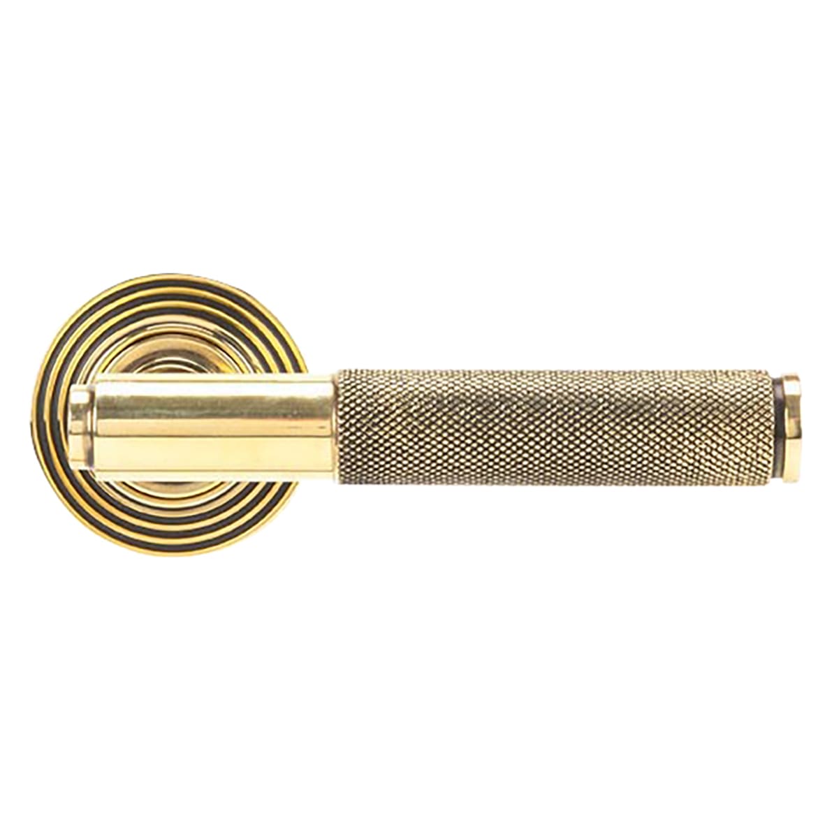 Aged Brass Knurled Door Handles on Round Beehive Rose - Brompton Range