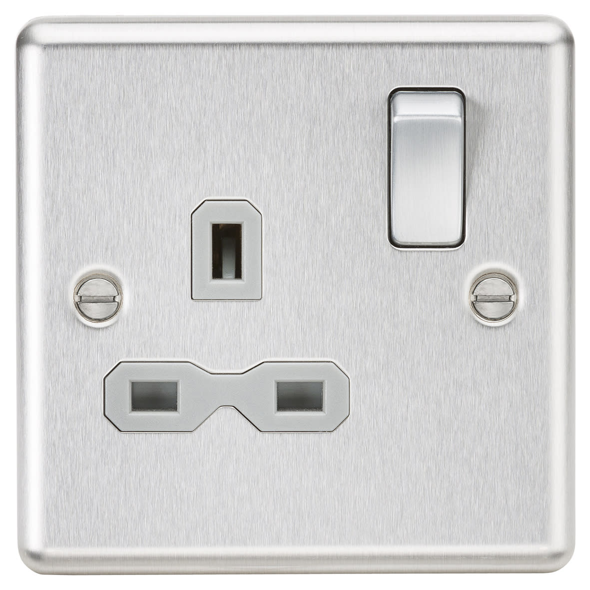 13A 1 Gang Double Pole Switched Socket - Brushed Chrome with Grey Insert