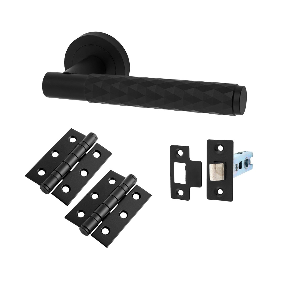 Matt Black Diamond Latch Door Handles on Rose Pack - Luna Range