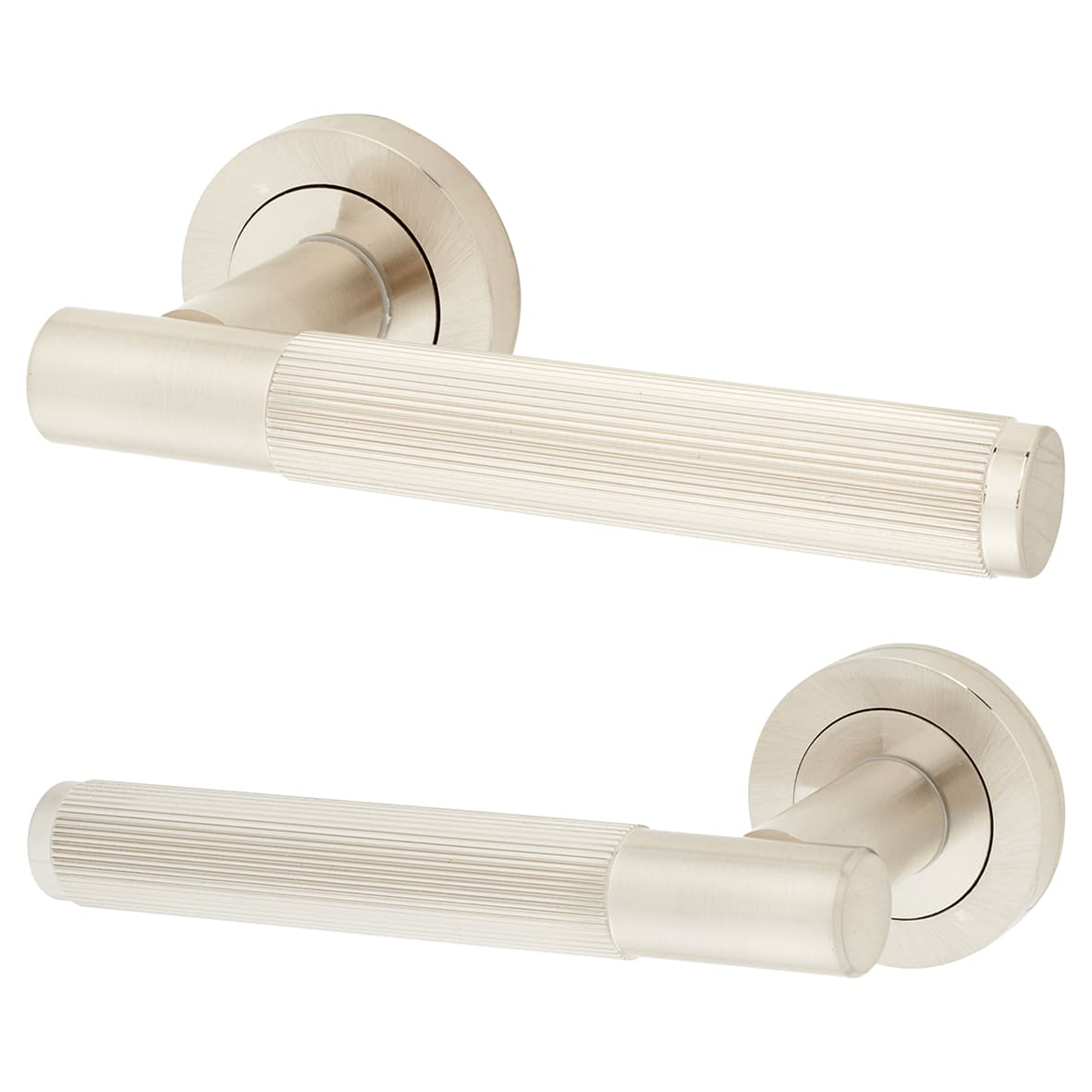 Satin Nickel Fire Rated Lines Door Handles on Rose - Venice Range