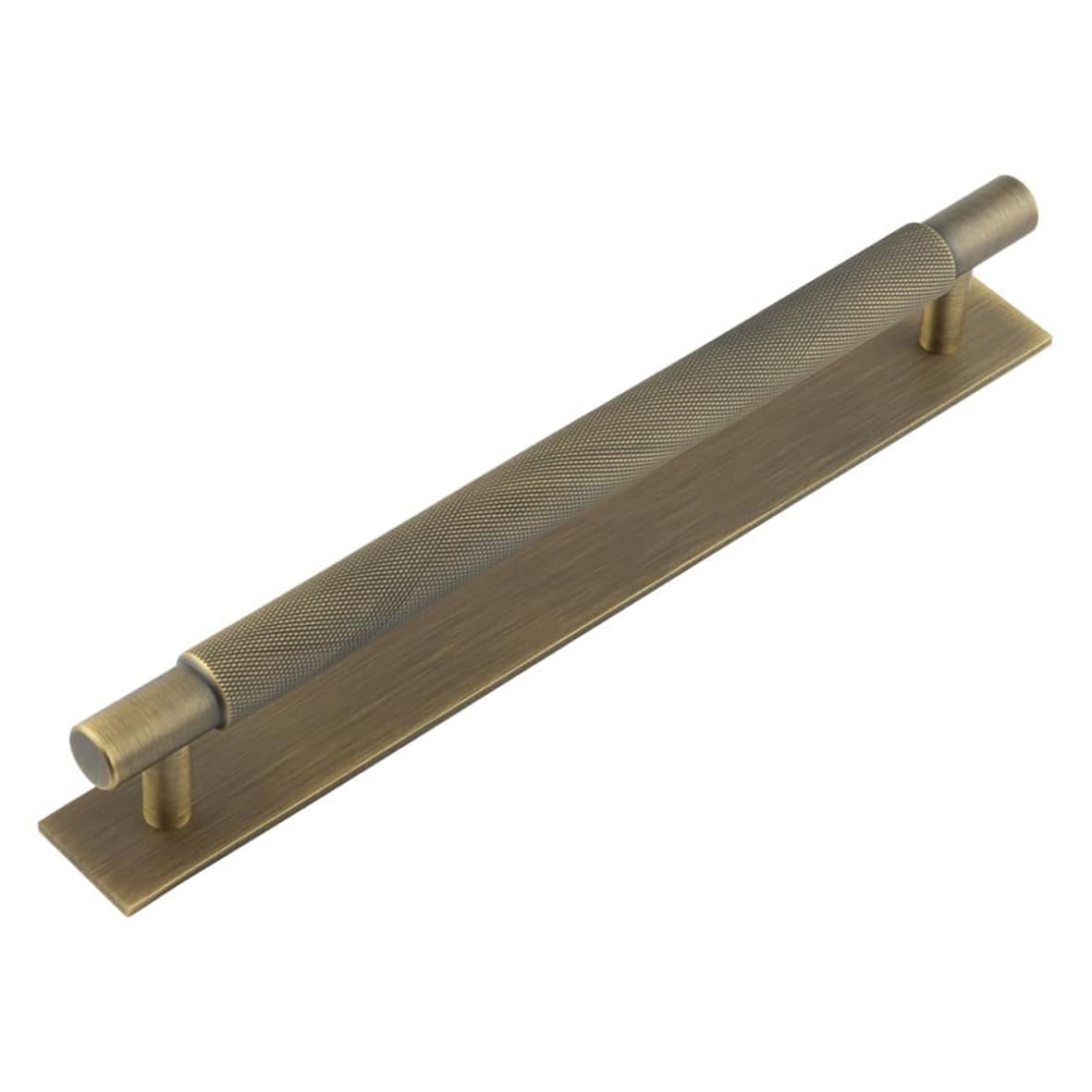 Taplow 18mm Knurled T-Bar Cabinet Pull Handle on Plain Backplate - 224mm c/c - Antique Brass