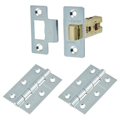 Tubular Latch Pack - 76mm Case - 57mm Backset - 2 x Plain Steel Hinges - Bright Zinc