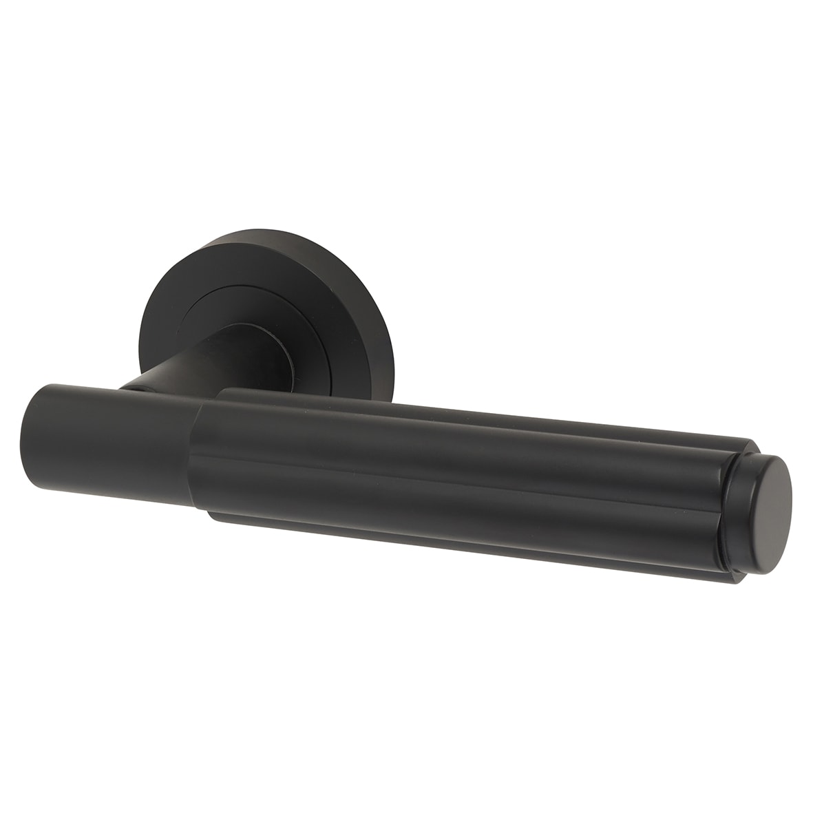 Matt Black Fire Rated Fluted Door Handles on Round Rose - Bloom Range