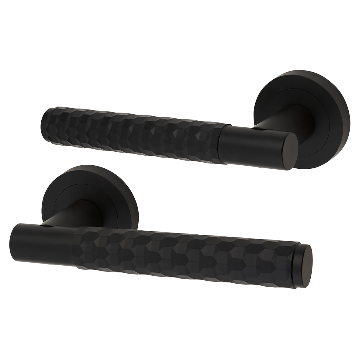 Matt Black Honeycomb Door Handles on Round Rose - Cara Range