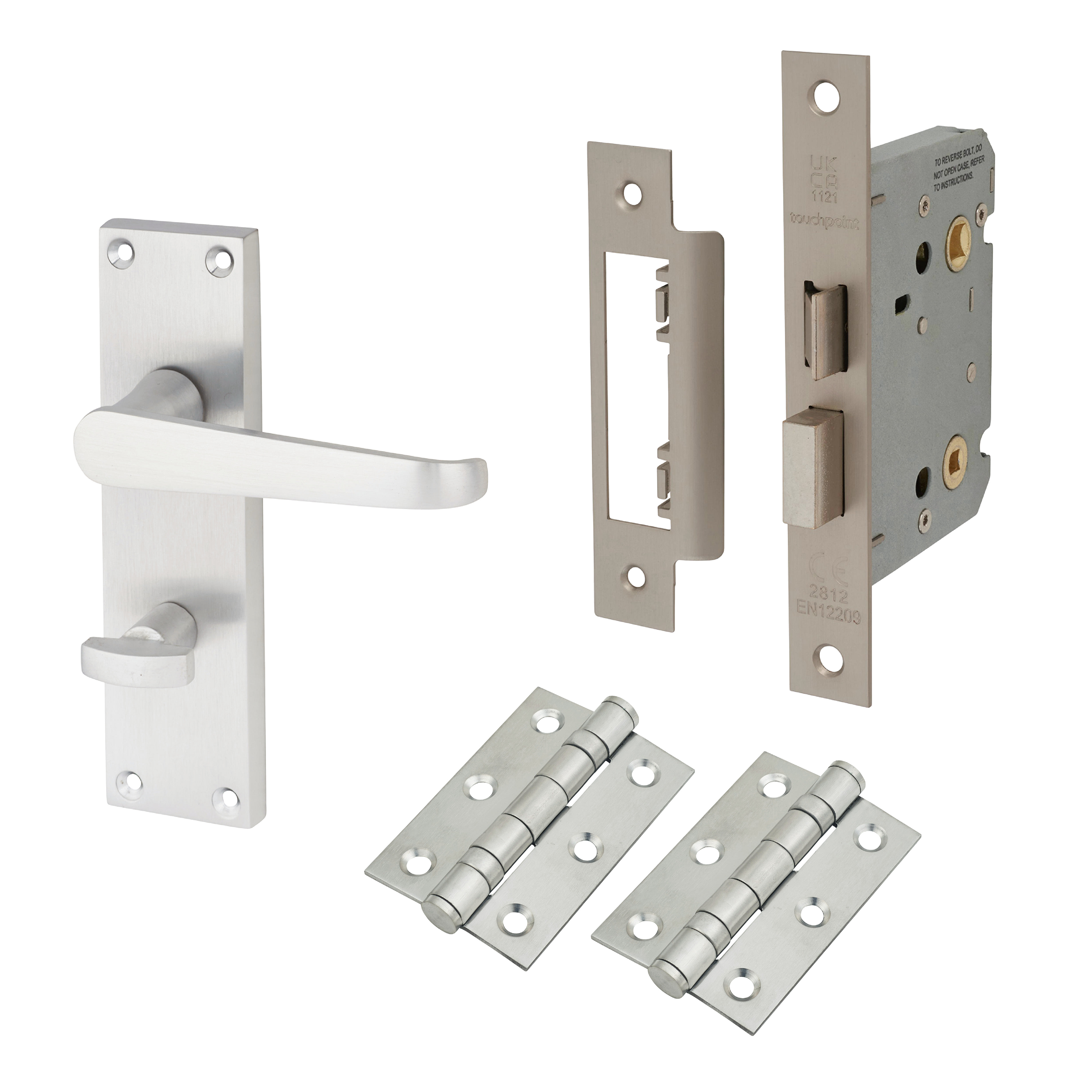 Satin Chrome Budget Straight Bathroom Lock Door Handles Pack - Mia Range