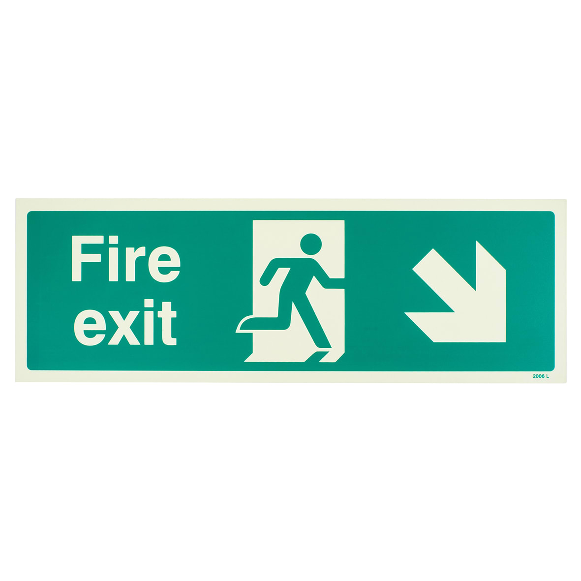 Photoluminescent Fire Exit Running Man Arrow Down Right Sign - 450 x 150mm - Rigid Plastic