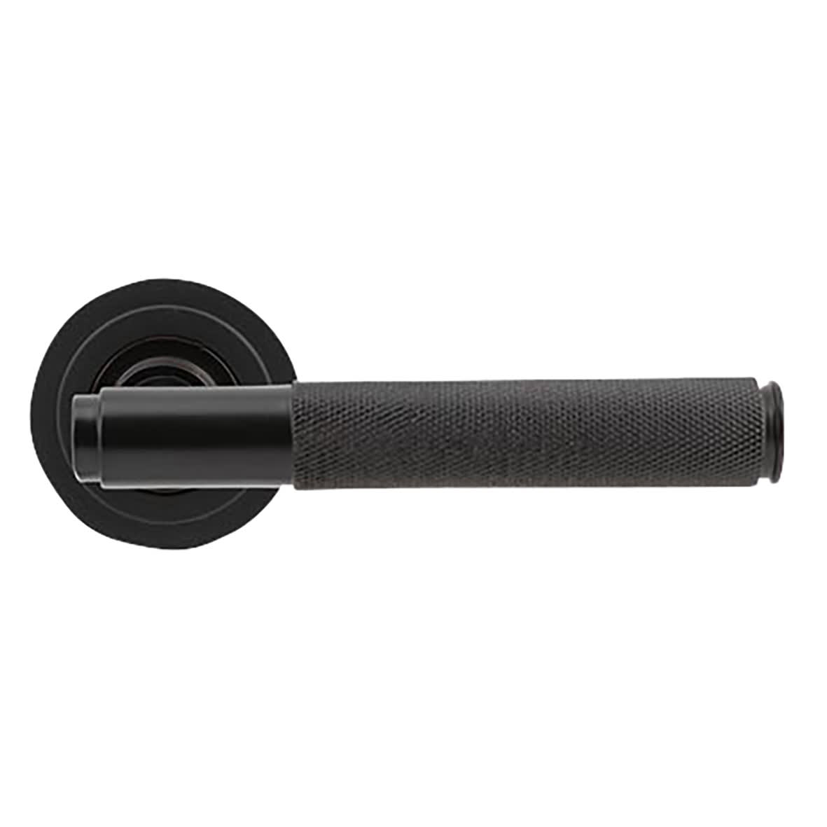 Aged Bronze Knurled Door Handles on Round Art Deco Rose - Brompton Range