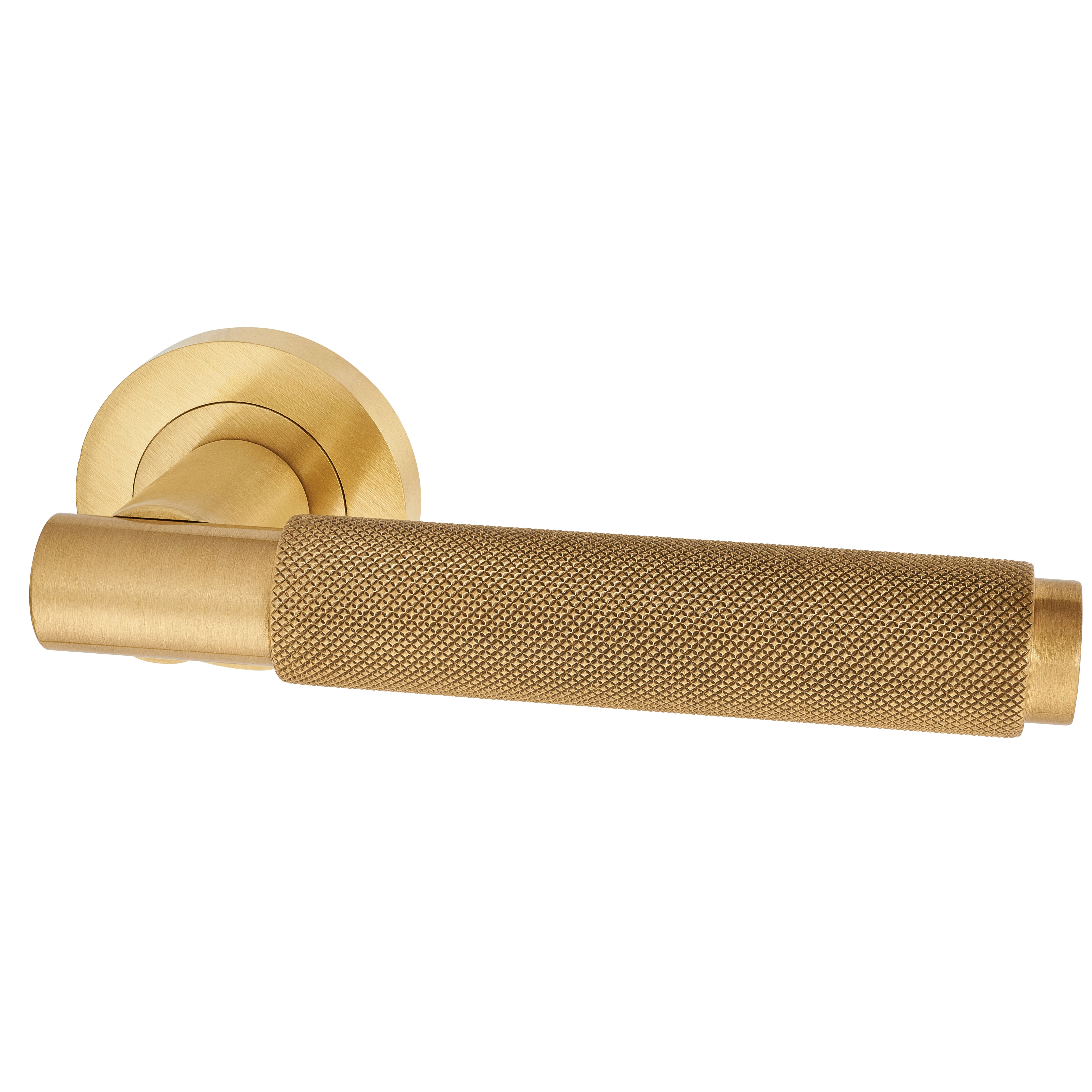 Brass Satin Brass Knurled Door Handles on Round Rose - Varese Range