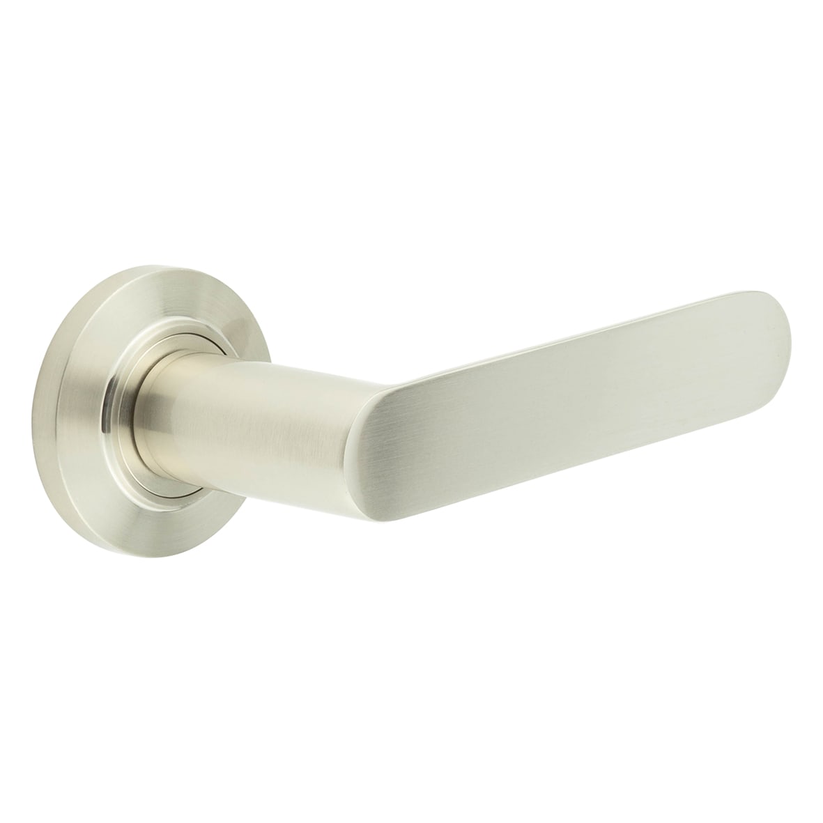 Satin Nickel Fire Rated Door Handles on Round Chamfered Rose - Kensington Range