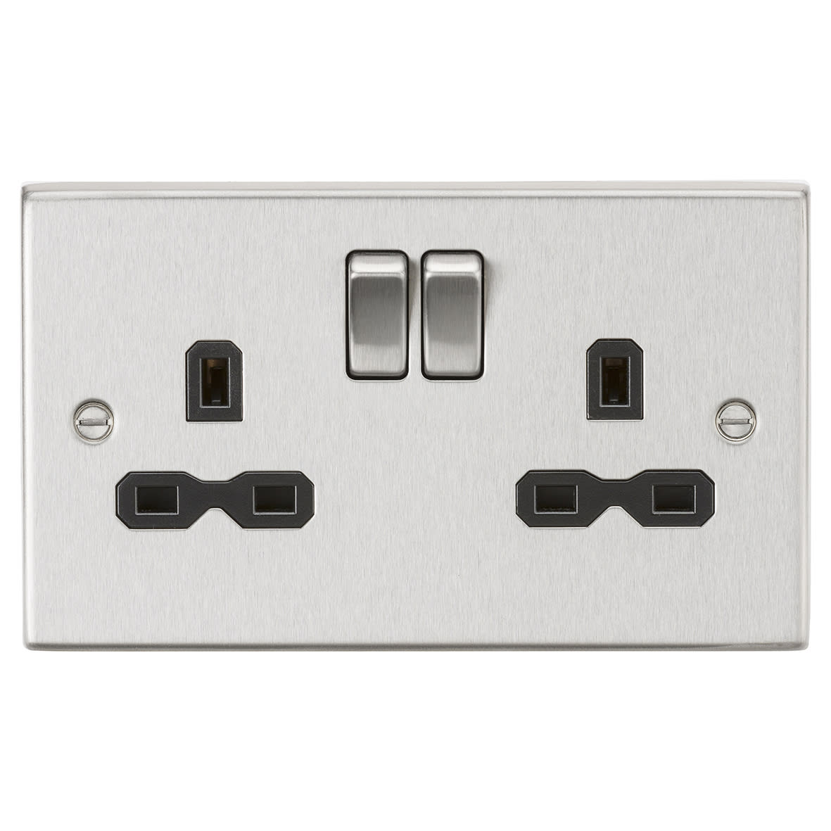13A 2 Gang DP Switched Socket with Twin Earths - Brushed Chrome with Black Insert