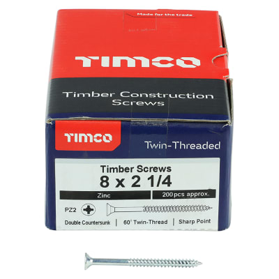 Twin Threaded Pozi Countersunk Wood Screws - 8 x 2 1/4" - Zinc Plated - Pack of 200