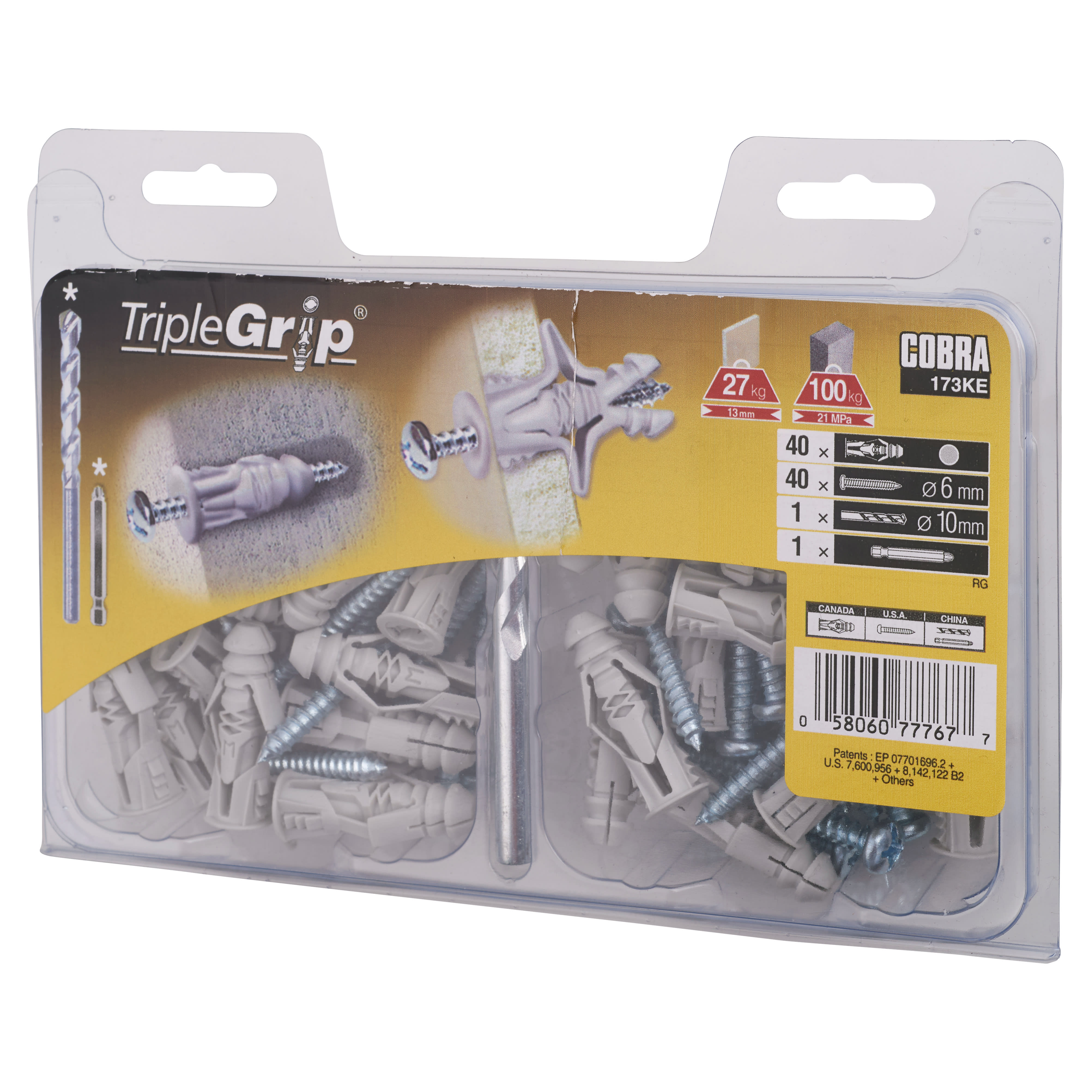 Triple Grip Universal Plasterboard & Masonry Wall Plug Fixing - 10 x 47mm - Grey - Pack of 40