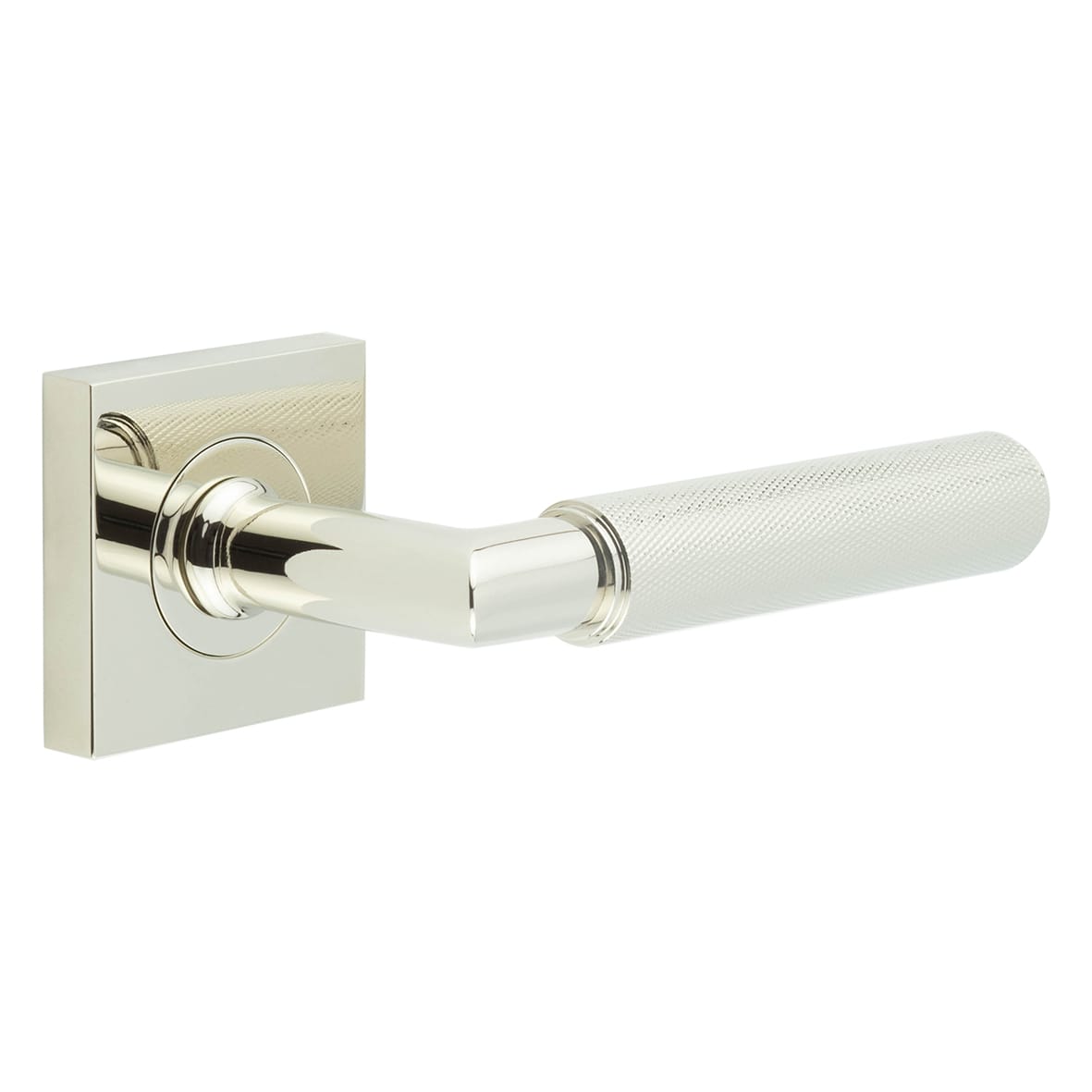 Polished Nickel Knurled Fire Rated Door Handles on Square Rose - Piccadilly Range