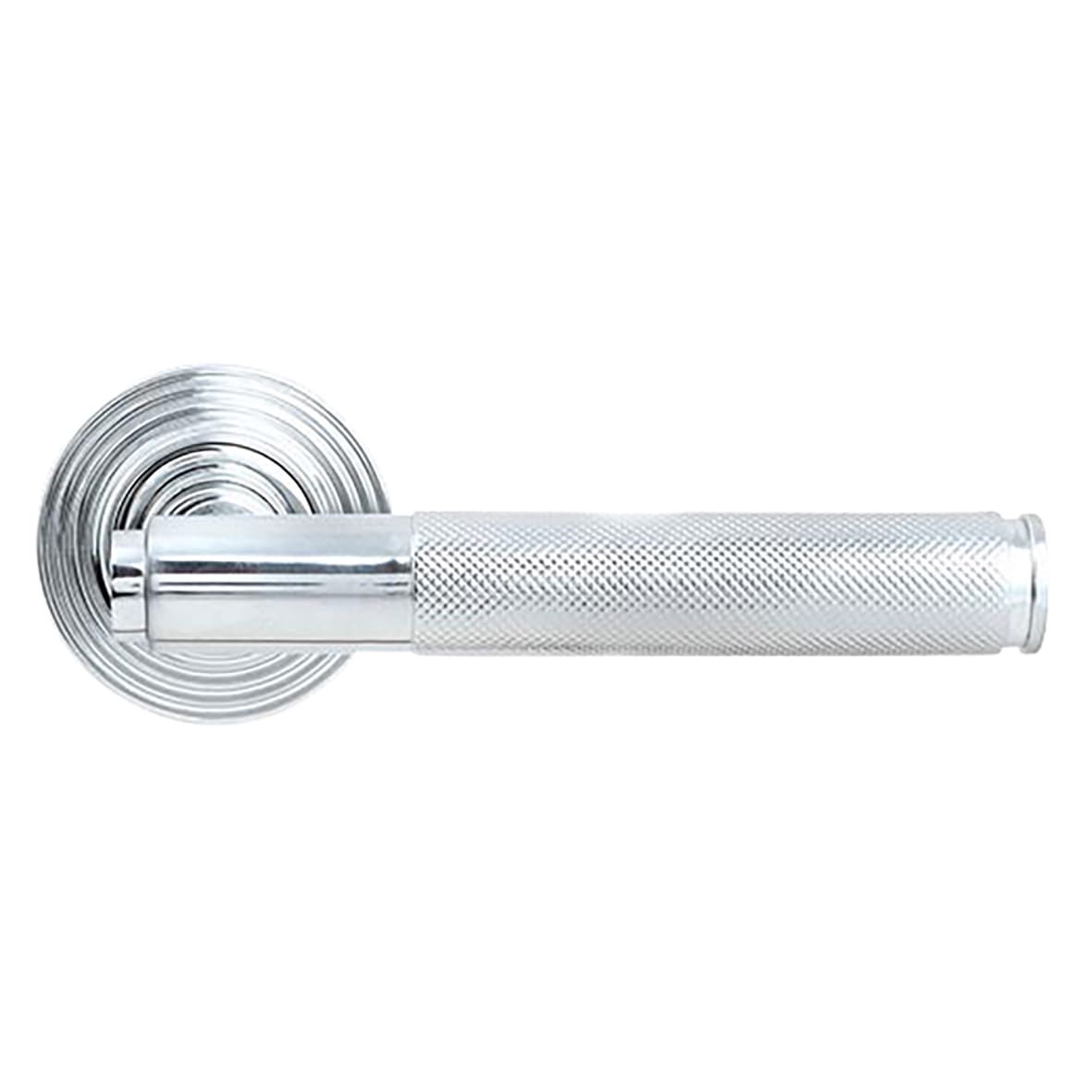 Polished Chrome Knurled Door Handles on Round Beehive Rose - Brompton Range