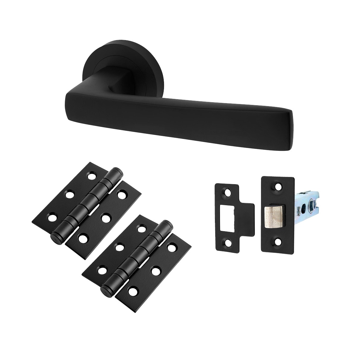 Matt Black Latch Door Handles on Rose Pack - Ivy Range