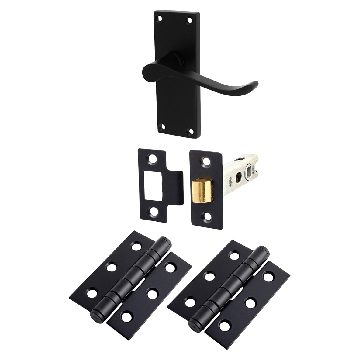 Matt Black Budget Scroll Latch Door Handles Pack - Short Plate