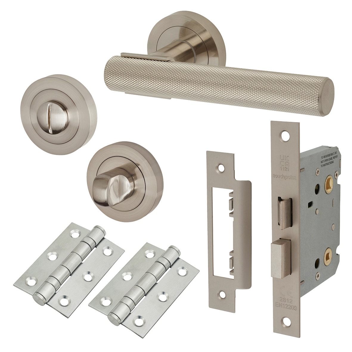 Satin Nickel Knurled Bathroom Lock Door Handles on Rose Pack - Orla Range
