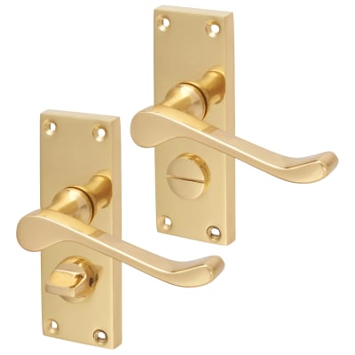 Polished Brass Victorian Scroll Privacy Door Handles - Short Plate - 118 x 42mm