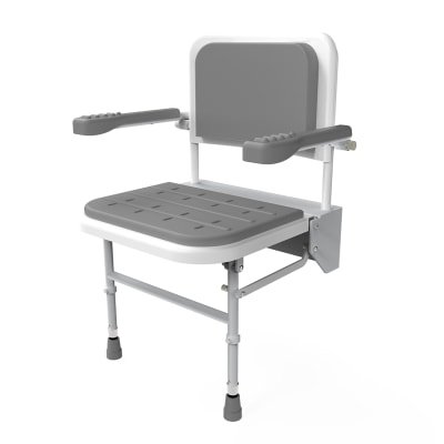 Padded Folding Wall Shower Seat, Legs, Back & Arms - 430-630 x 494mm - Wht/Grey