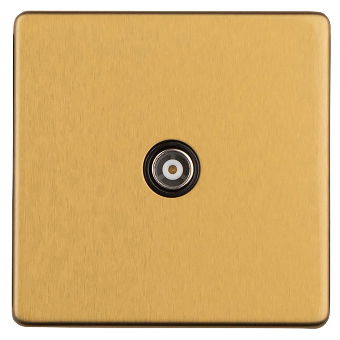 Concealed 1 Gang Screwless Flat Plate Isolated TV Coaxial Socket - Satin Brass/Black