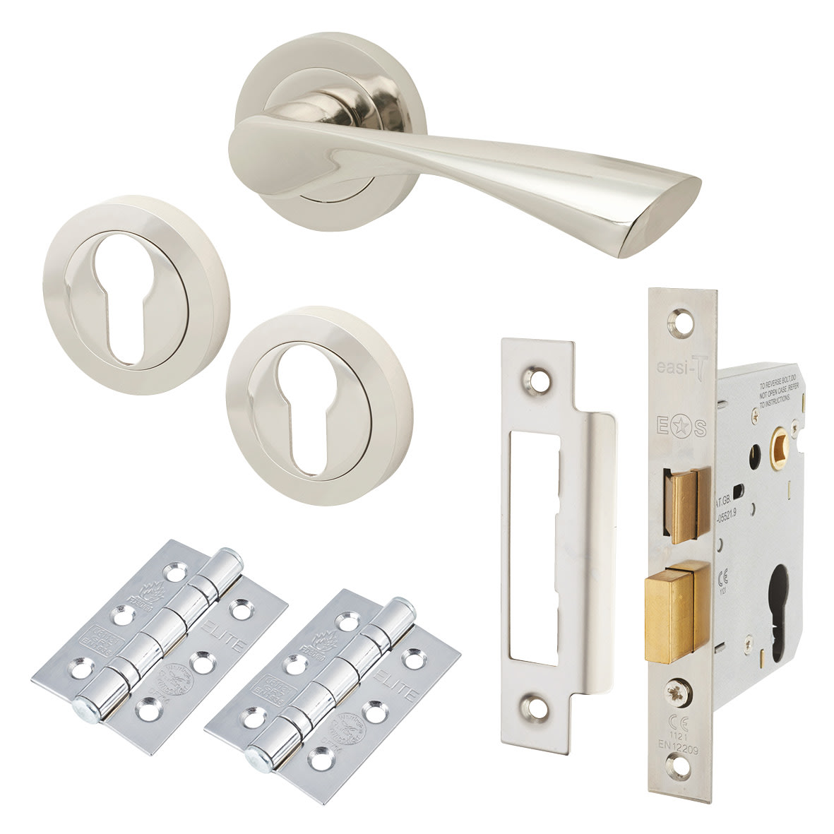 Polished Nickel Euro Lock Door Handles on Rose Pack - Ariel Range
