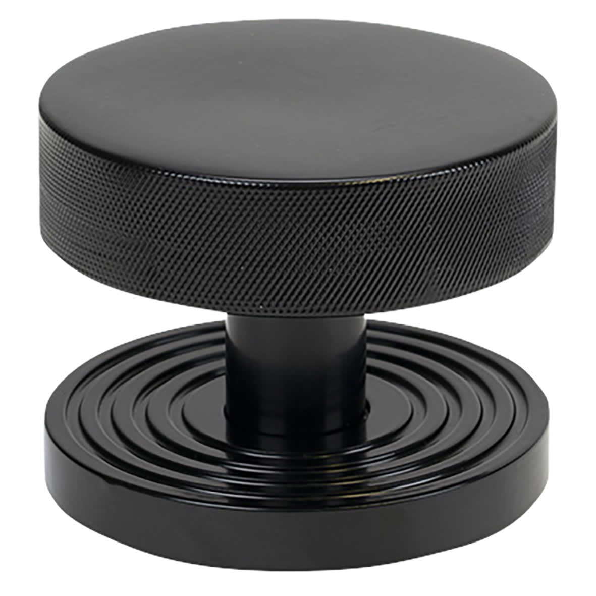 Brompton Black Round Knurled Centre Door Knob on Beehive Rose - 90mm Rose Diameter 990741P