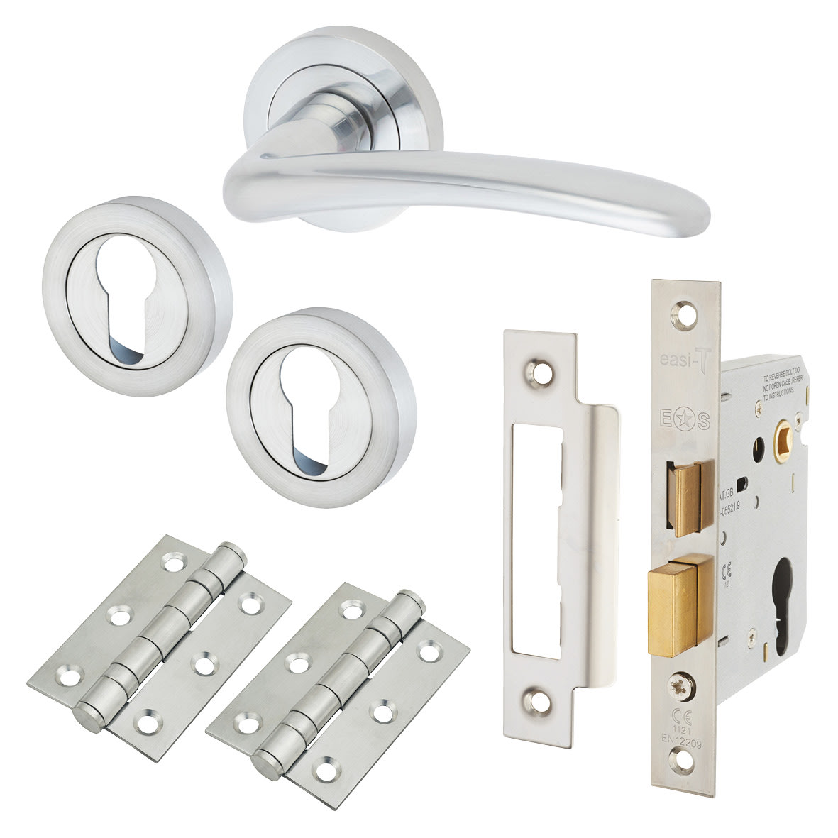 Satin Chrome Euro Lock Door Handles on Rose Pack - Eloise Range