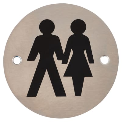 Unisex Toilet Door Sign - 75mm Diameter - Satin Stainless Steel
