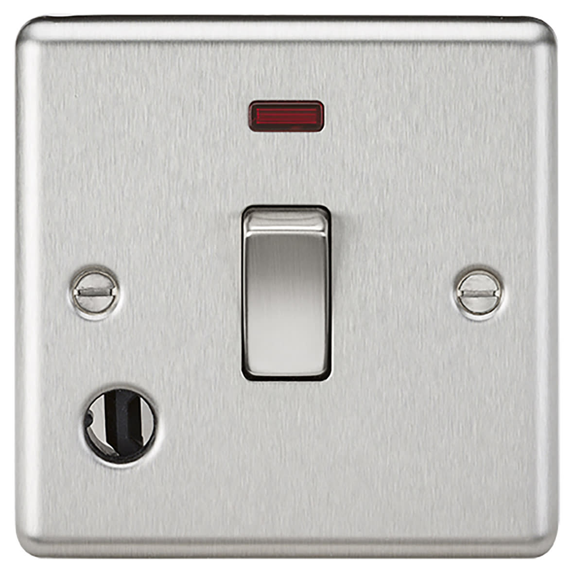 20A 1 Gang Round Edge DP Appliance Switch with Neon & Flex Outlet - Brushed Chrome