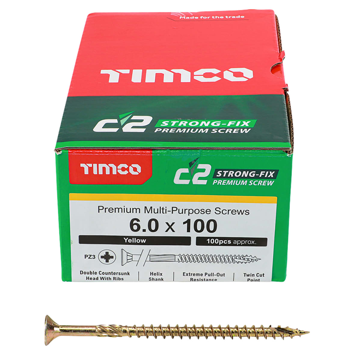 C2 Strong-Fix Pozi Double Countersunk Wood Screws - 6.0 x 100mm - Yellow Zinc - Pack of 100