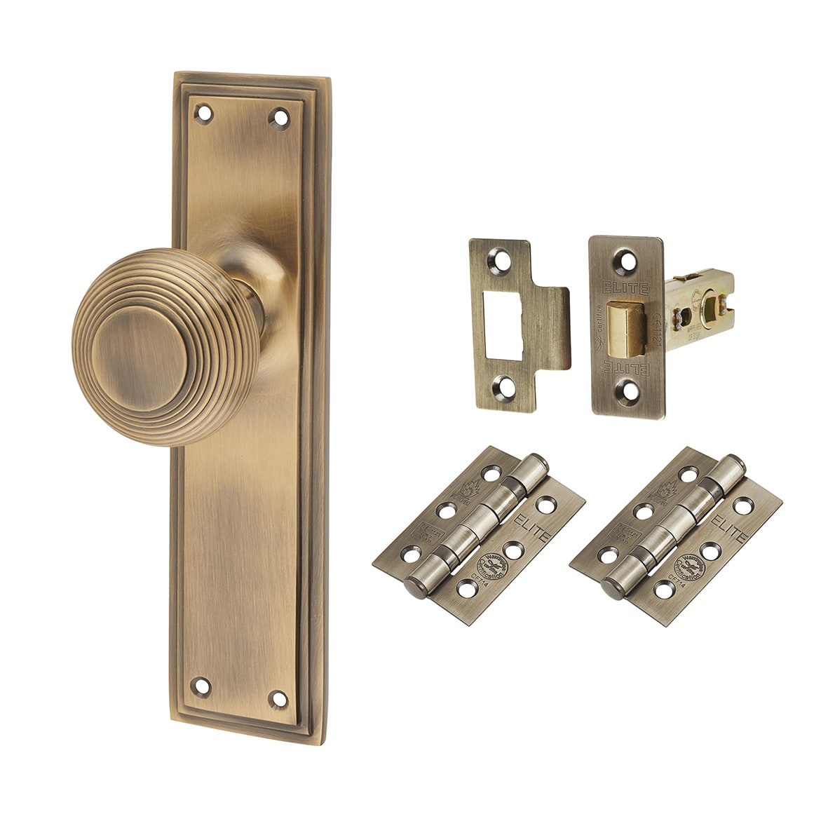Antique Brass Reeded Mortice Door Knobs on Backplate Pack - Miller Range - 205 x 52mm