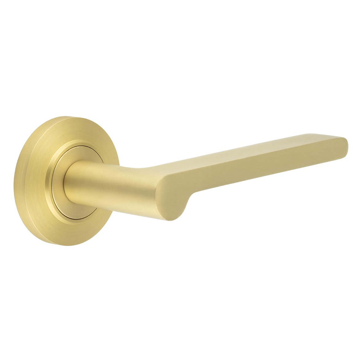 Satin Brass Fire Rated Door Handles on Round Chamfered Rose - Fitzrovia Range