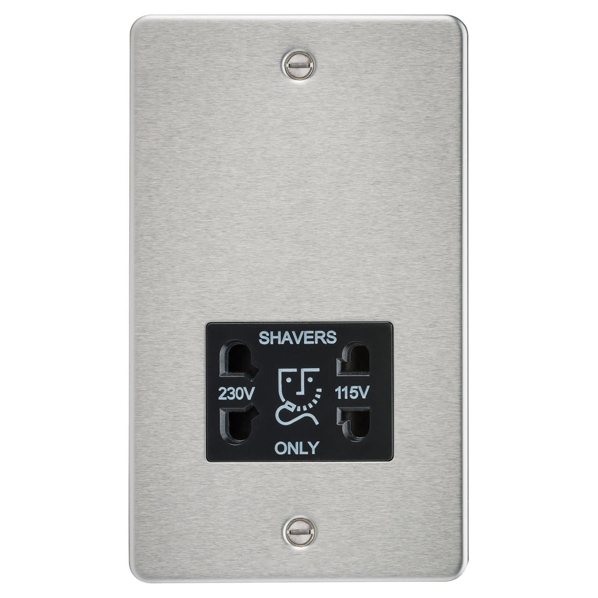 115/230V Flat Plate Dual Voltage Shaver Socket - Brushed Chrome with Black Insert